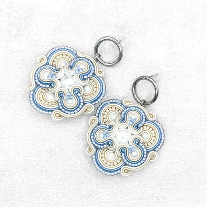 Light blue, white and cream soutache earrings. Unique and original handmade earrings.