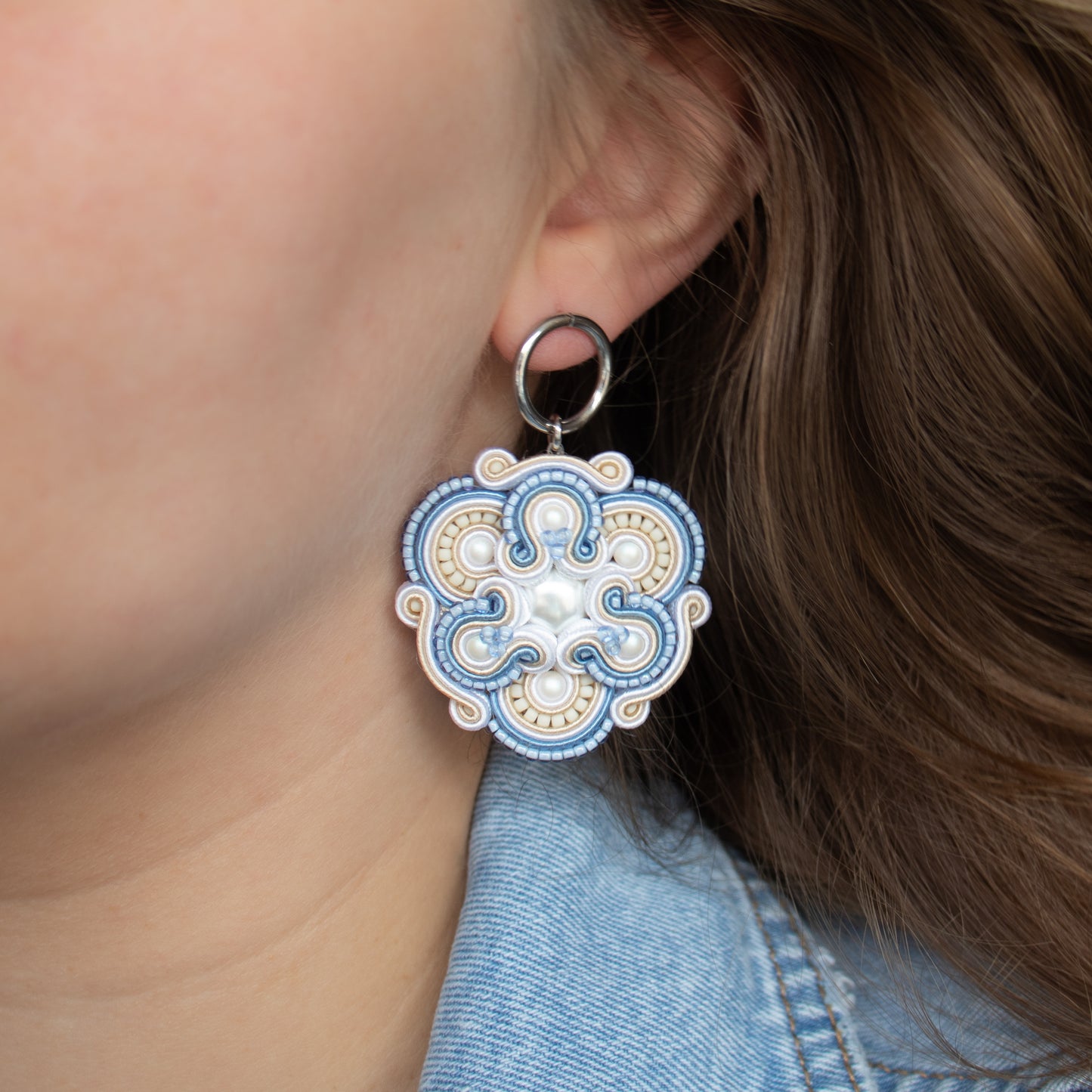 Light blue, white and cream soutache earrings. Unique and original handmade earrings.