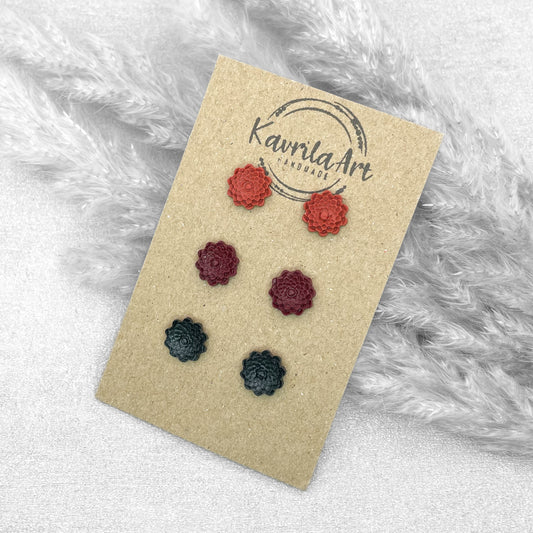 Set of 3 Pairs Flower Stud Earrings – Handmade Polymer Clay Studs