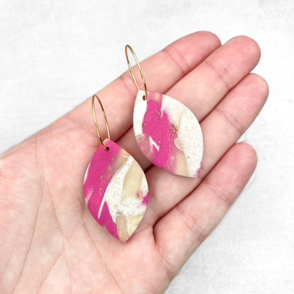 Magenta, cream and gold oval earrings. Handmade polymer clay earrings.