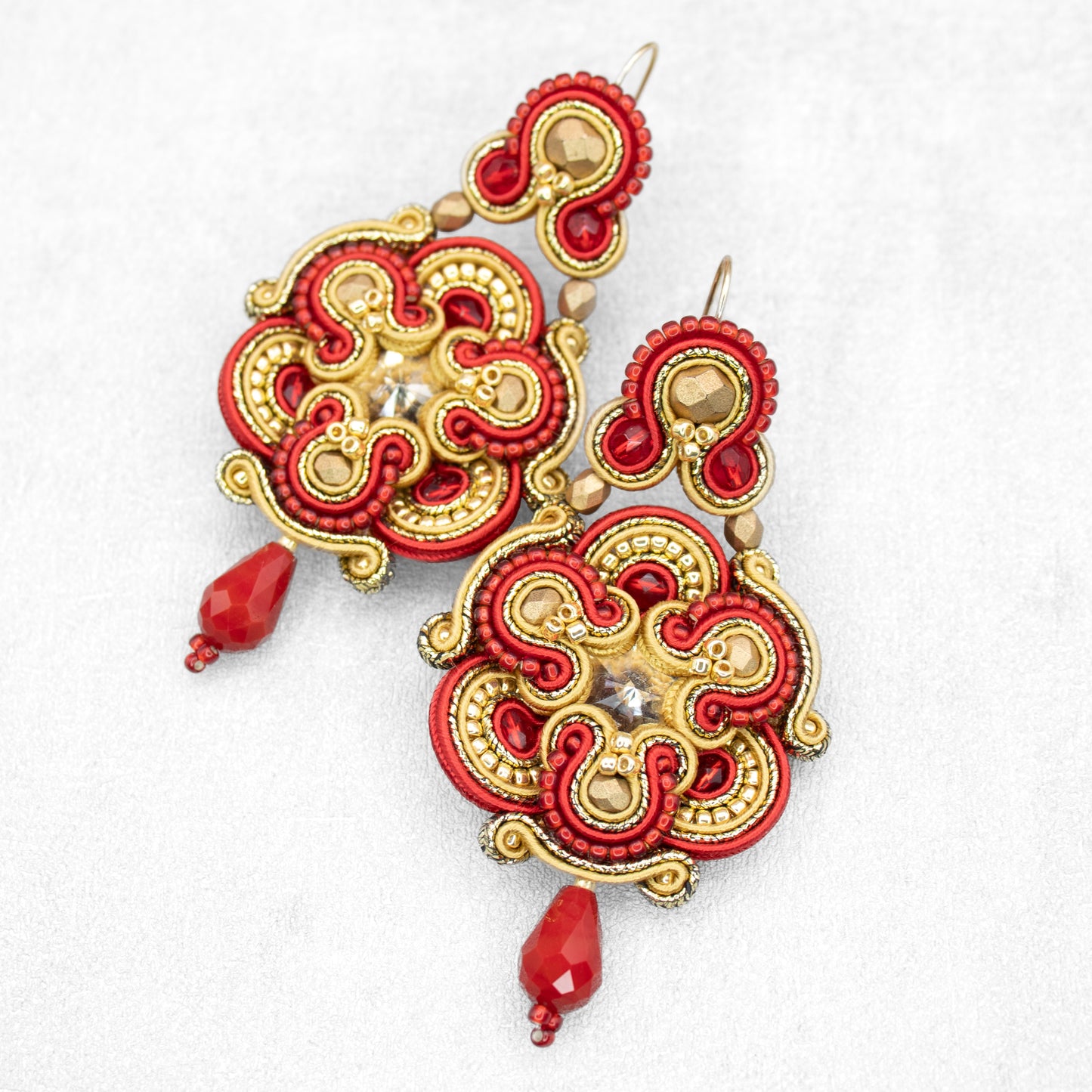 Red and gold soutache earrings. Original and exclusive handmade earrings.