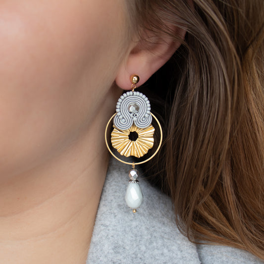 Handmade Light Grey Soutache Earrings with Gold Charms – Elegant and Distinctive Earrings