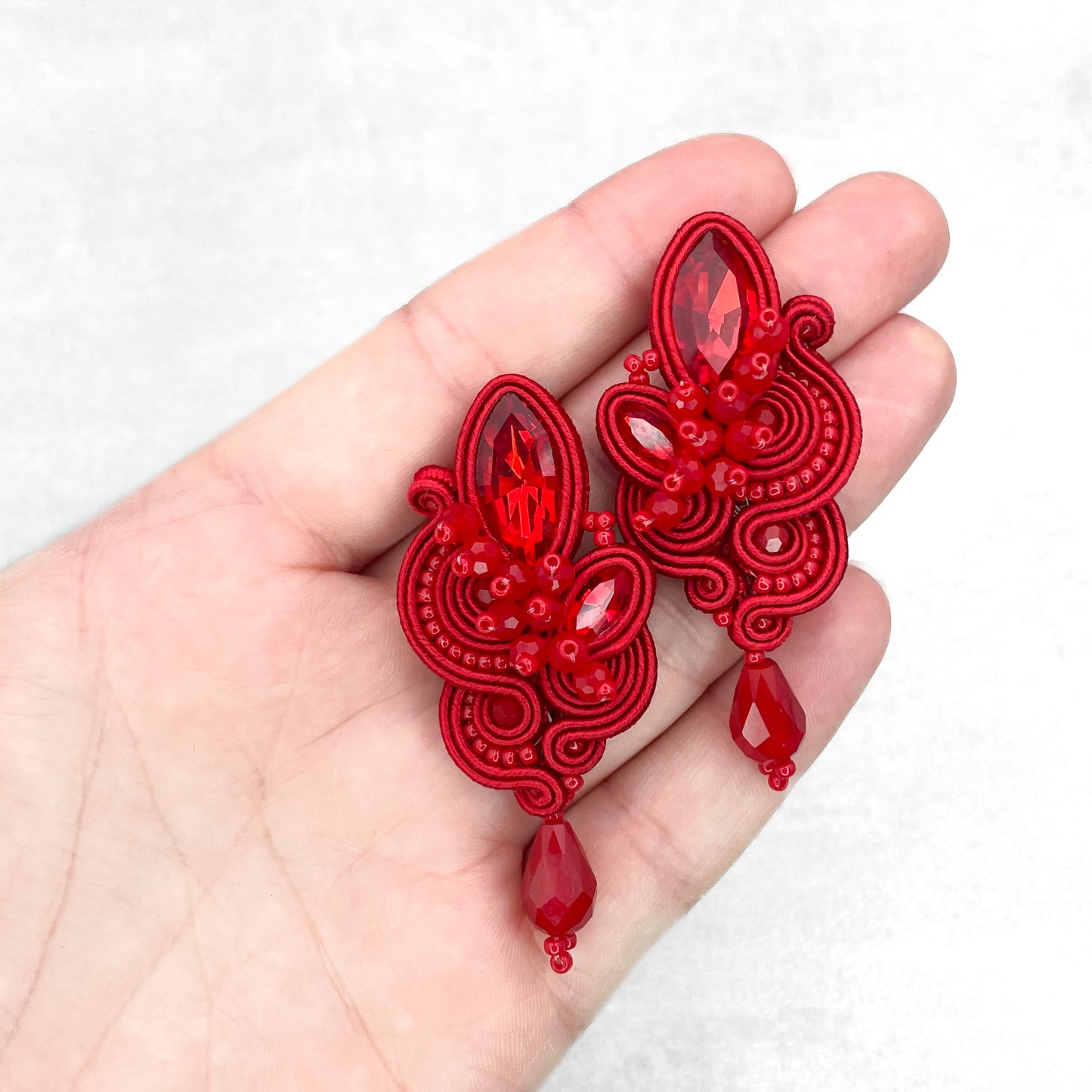 Red soutache earrings. Statement and unique handmade earrings.