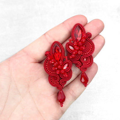 Red soutache earrings. Statement and unique handmade earrings.