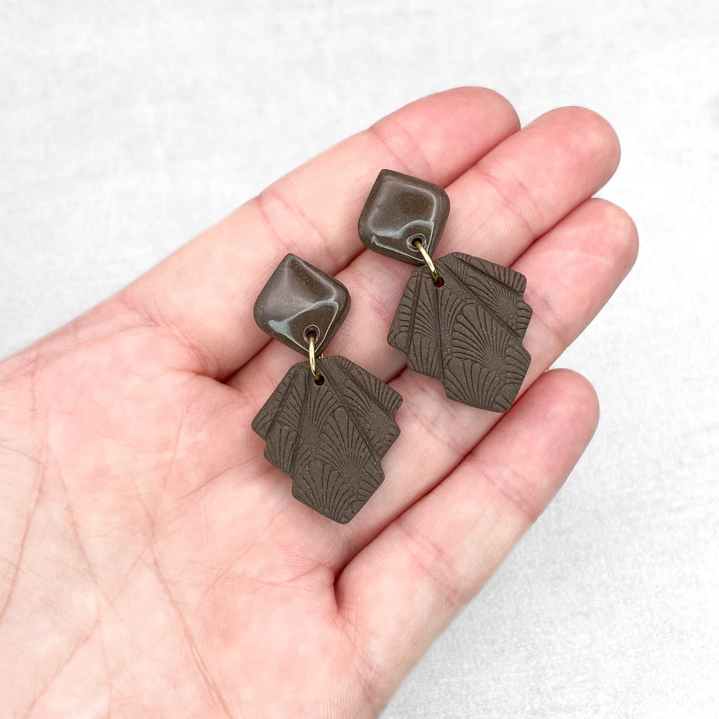 Handmade Brown Geometric Earrings – Textured Polymer Clay Earrings