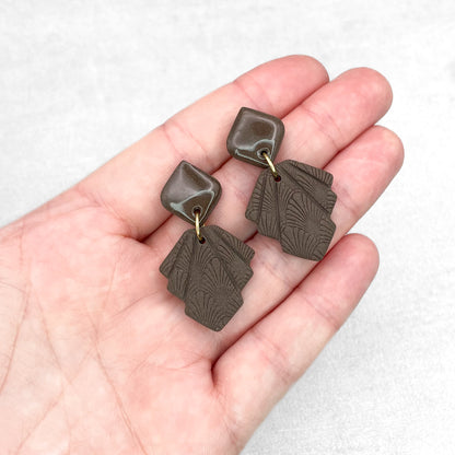 Handmade Brown Geometric Earrings – Textured Polymer Clay Earrings