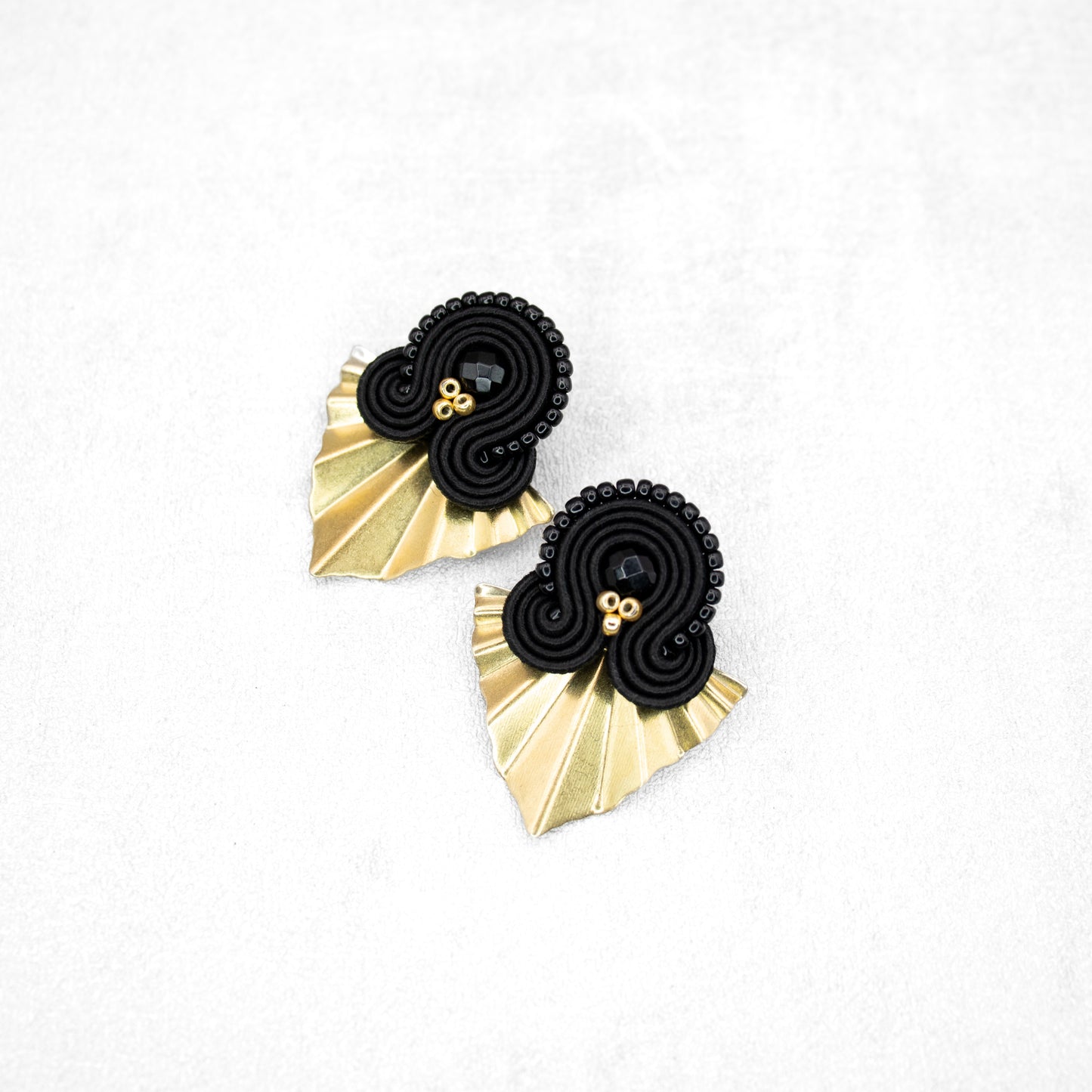 Handmade Black Soutache Earrings with Gold Charms – Elegant Earrings