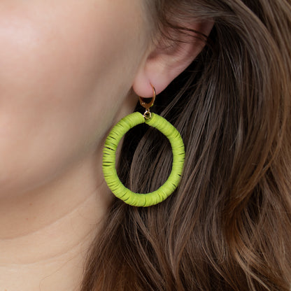 Polymer clay beads hoop earrings. Olivine handmade earrings.