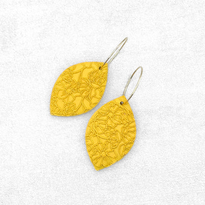 Handmade Yellow Oval Earrings – Textured Polymer Clay with Hoops