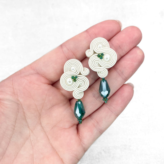 Handmade Soutache Earrings – Ivory and Emerald Earrings