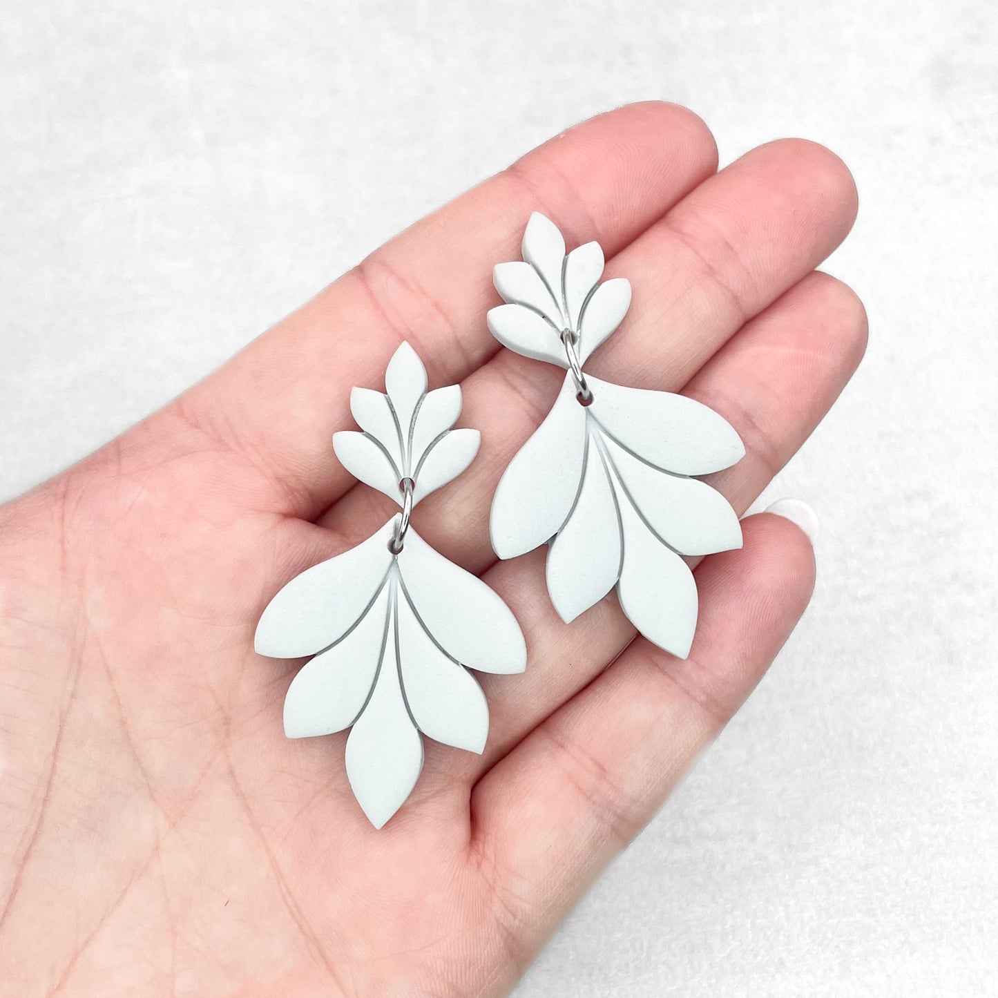 Handmade Light Grey Leaf Earrings – Polymer Clay Earrings