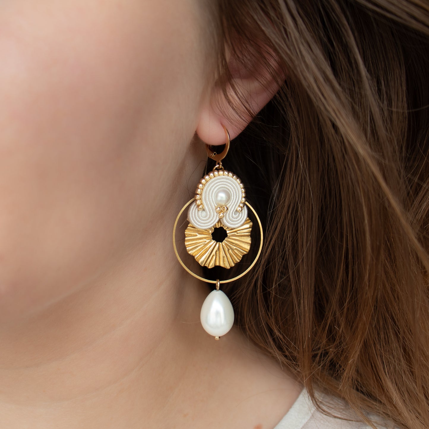 Ivory soutache earrings. Bridal handmade earrings with gold charms.