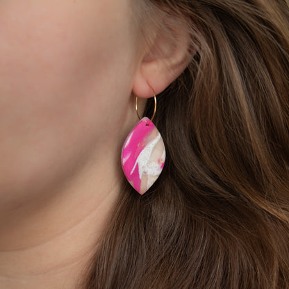 Magenta, cream and gold oval earrings. Handmade polymer clay earrings.