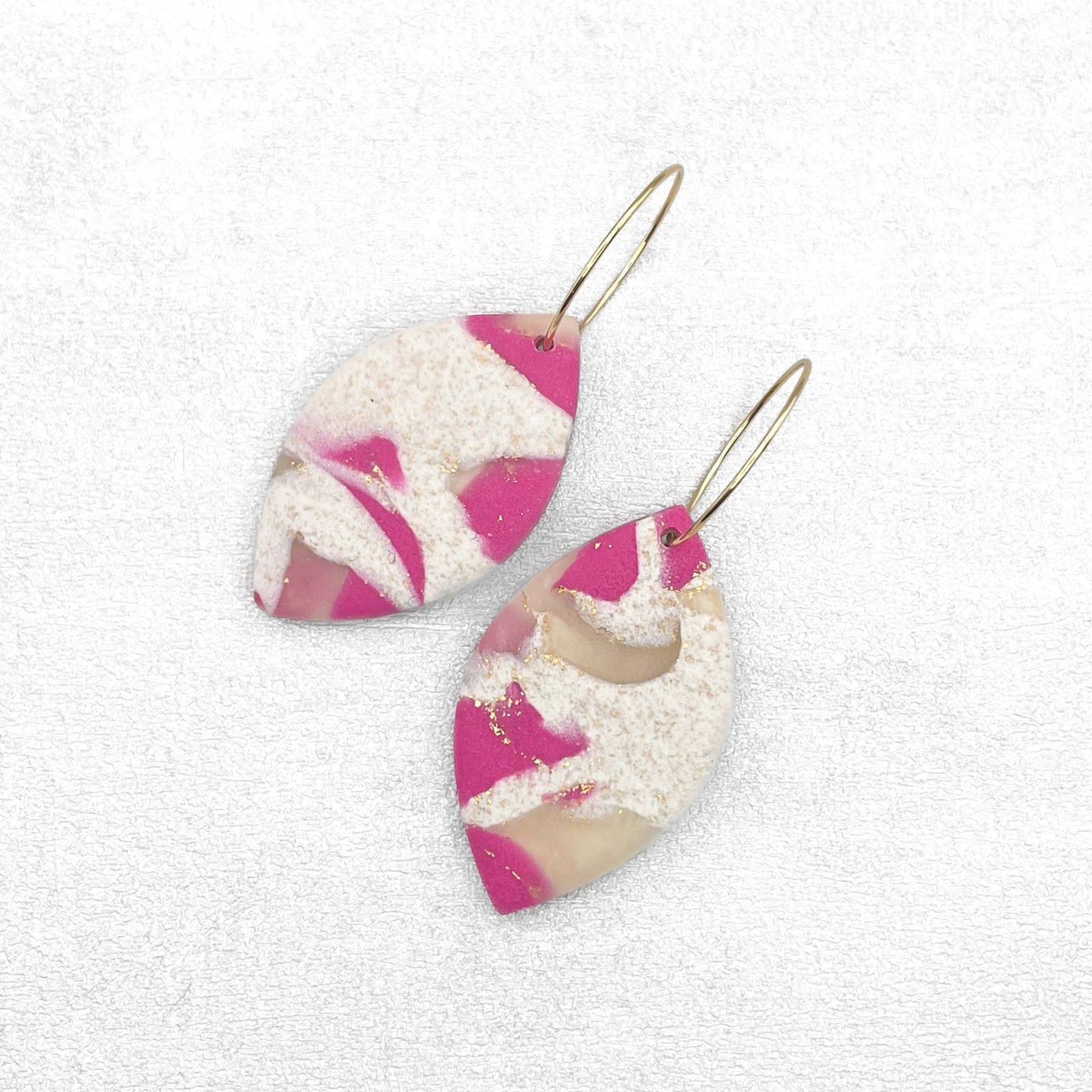 Magenta, cream and gold oval earrings. Handmade polymer clay earrings.