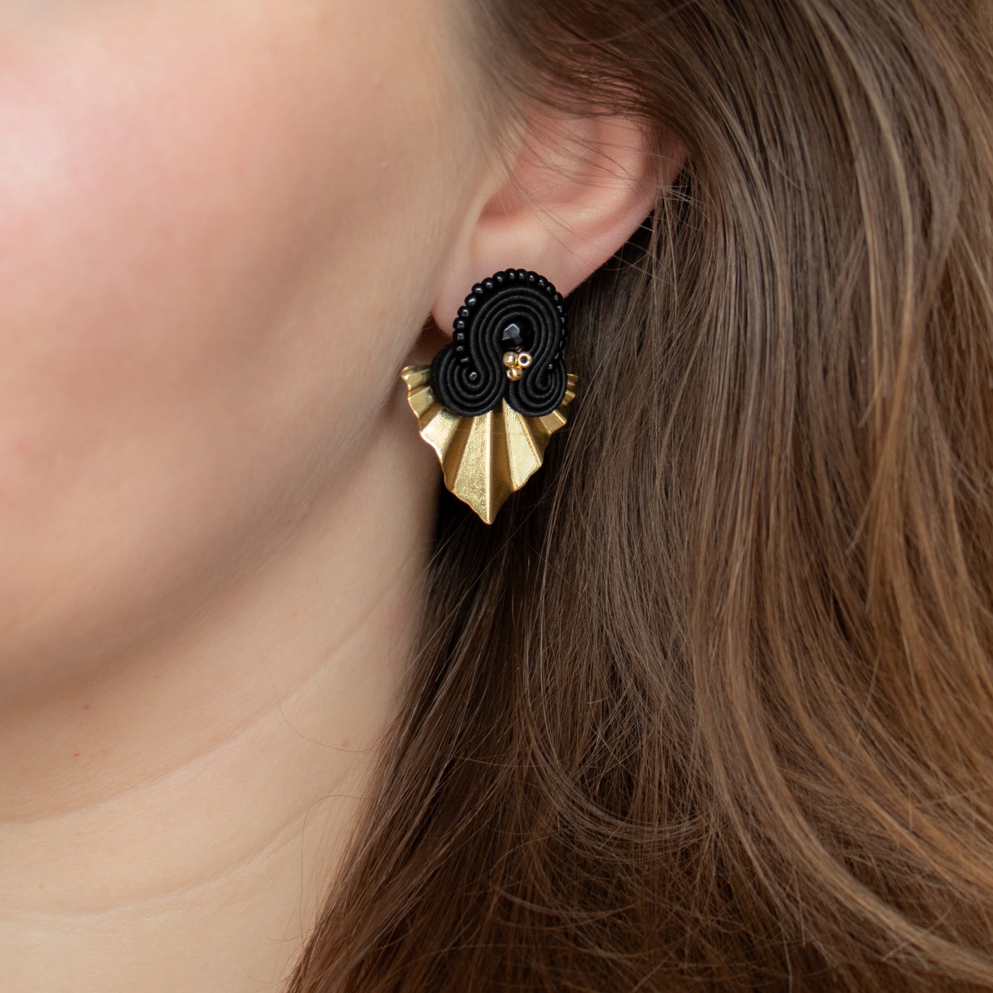 Handmade Black Soutache Earrings with Gold Charms – Elegant Earrings