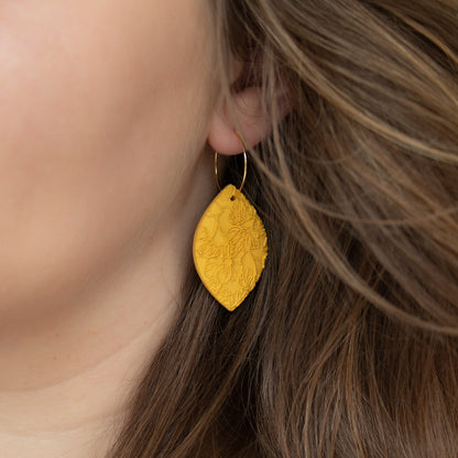 Handmade Yellow Oval Earrings – Textured Polymer Clay with Hoops