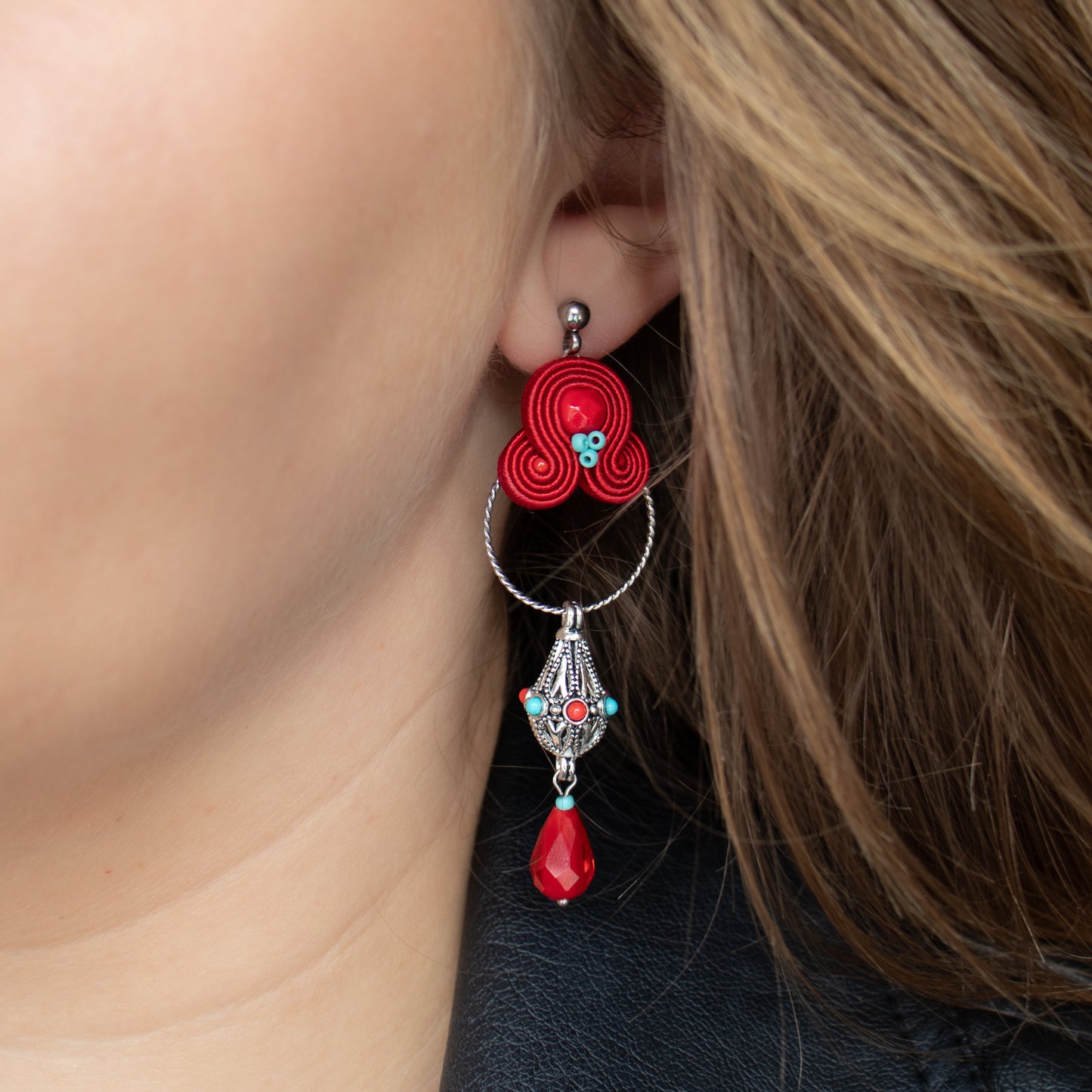 Handmade Red Soutache Earrings with Tiny Turquoise Beads – Oriental Style