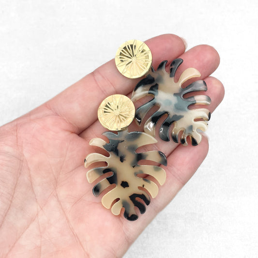 Beige and Black Earrings with Monstera Leaf Design