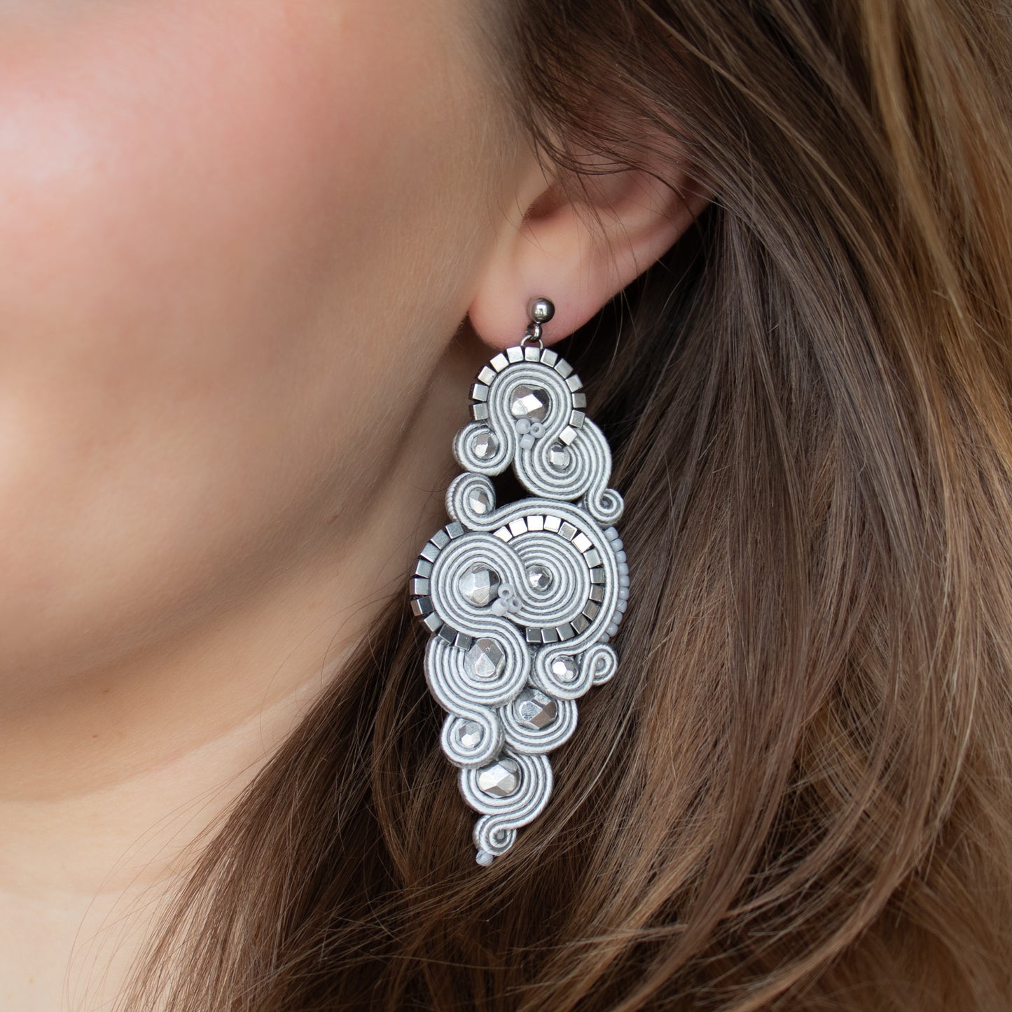Light grey soutache earrings. Original handmade earrings.