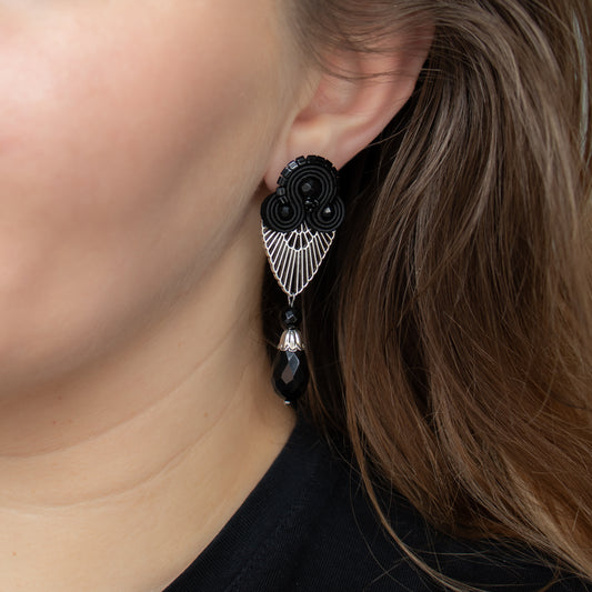 Original and Lightweight Black Soutache Earrings with Silver Charms – Oriental Style