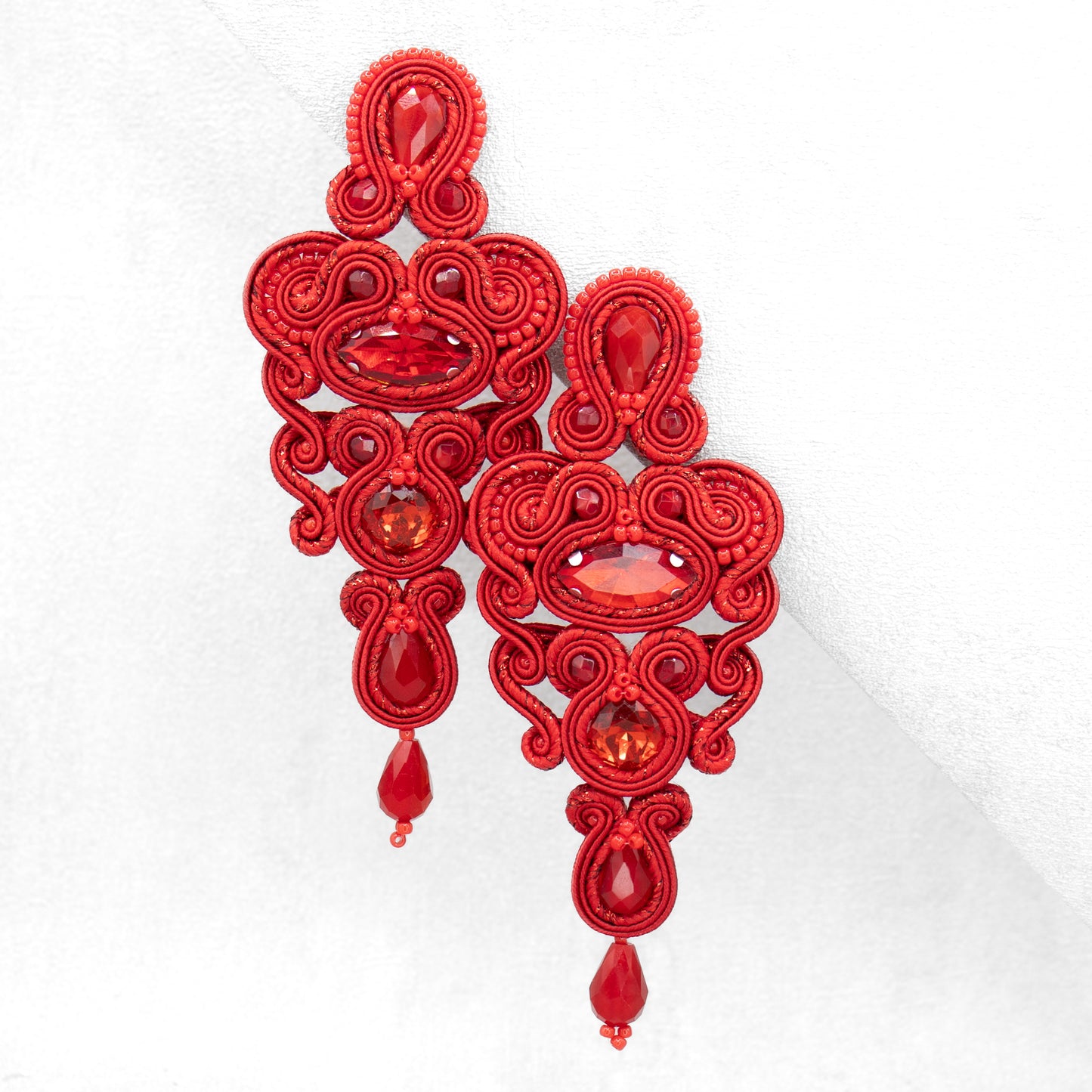 Red soutache earrings. Unique and statement long earrings.