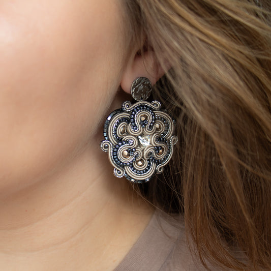 Handmade Sand and Dark Grey Soutache Earrings – Oriental and Original Earrings