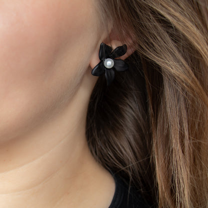 Handmade Black Flower Acrylic Stud Earrings