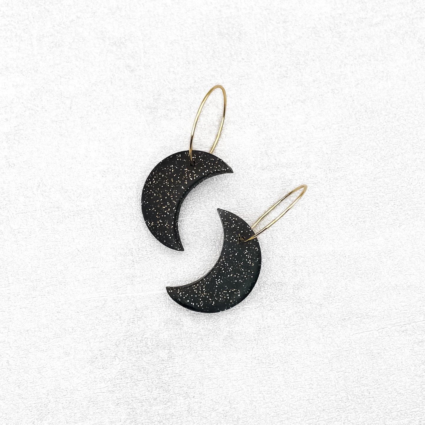 Black and Gold Glitter Moon Polymer Clay Earrings – Handmade Spiritual Earrings