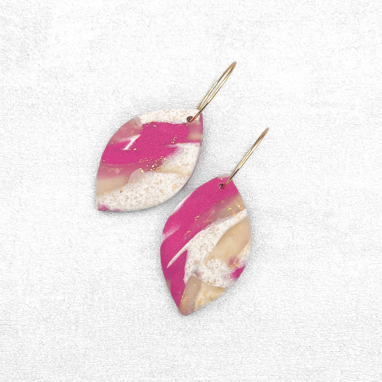 Magenta, cream and gold oval earrings. Handmade polymer clay earrings.